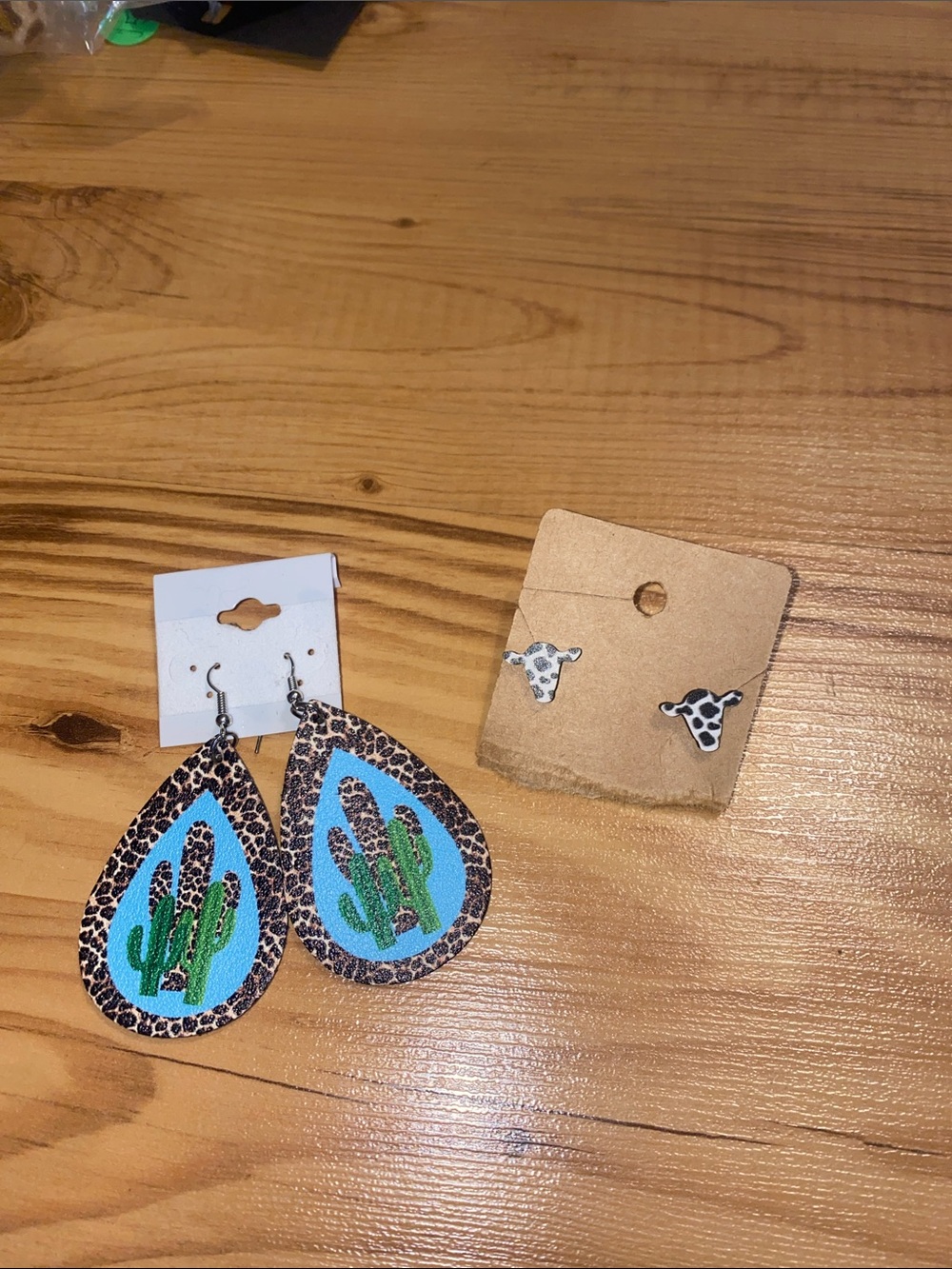 Cactus Teardrop Leopard Print Earrings - & Cow Heads Blue & Green